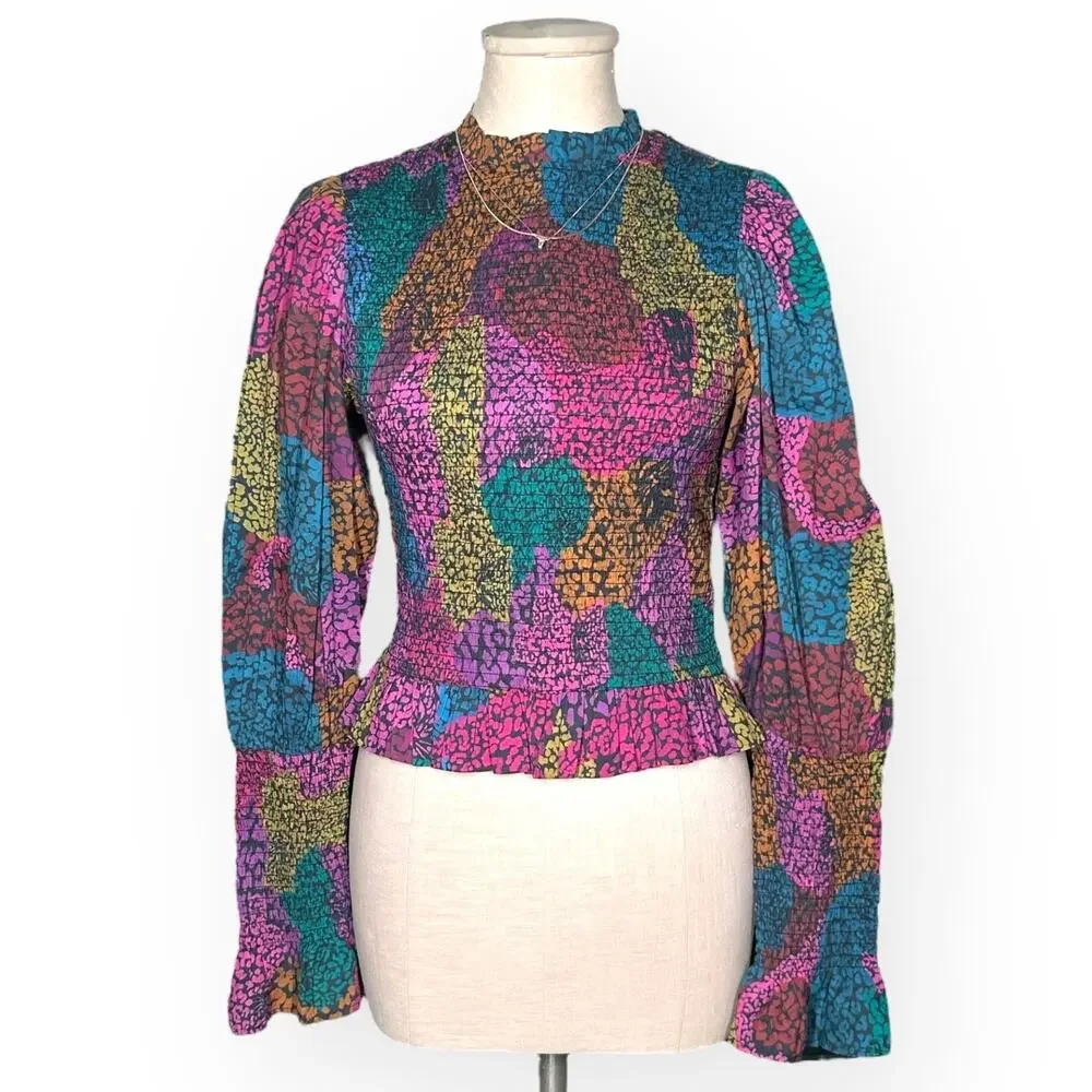 FARM RIO Leopard Rainbow Mix Blouse Smocked Ruffle Boho Cottagecore Glam Indie